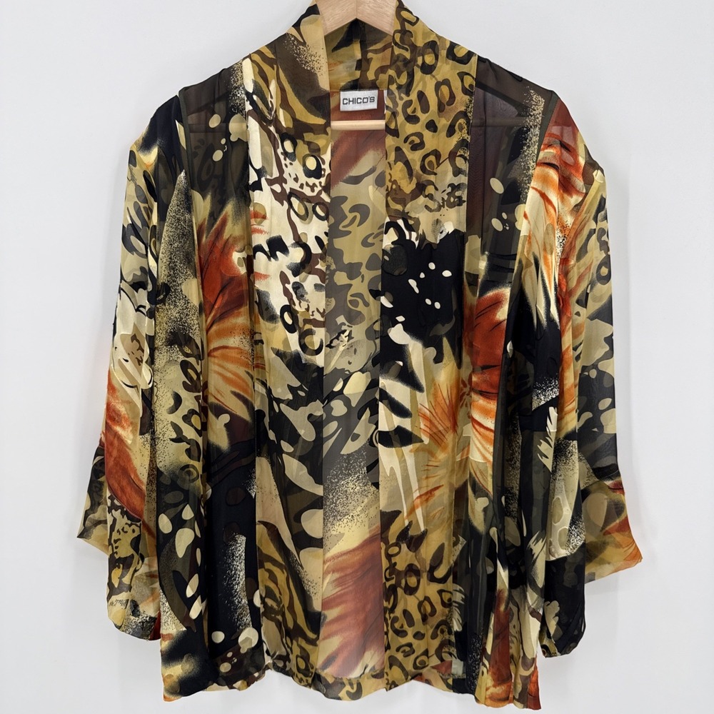 Chicos Women's Animal Print Sheer Silk Blend Open Cardigan Size 1/Medium Artsy